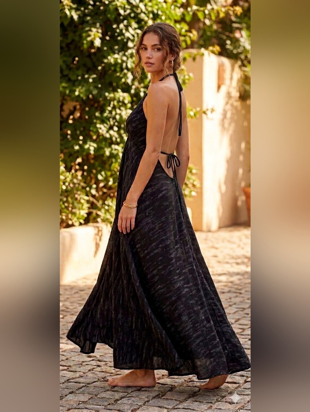 Odissea Mottled Black Halter Maxi Dress Low Back Adjustable One Size Fits Most